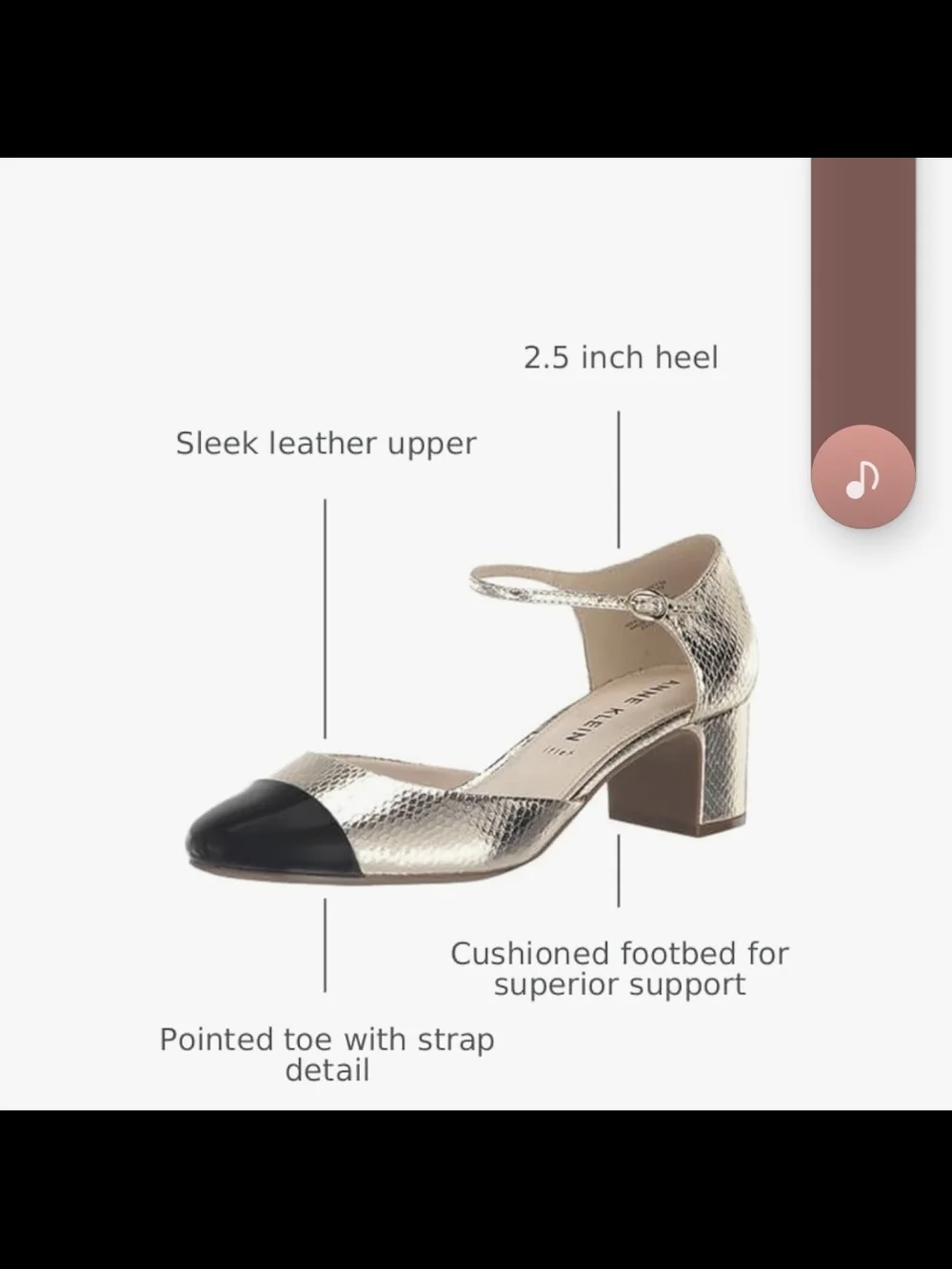 ANNE KLEIN  Metallic Gold and Black Cap-Toe Iflex  Ankle Strap Pump